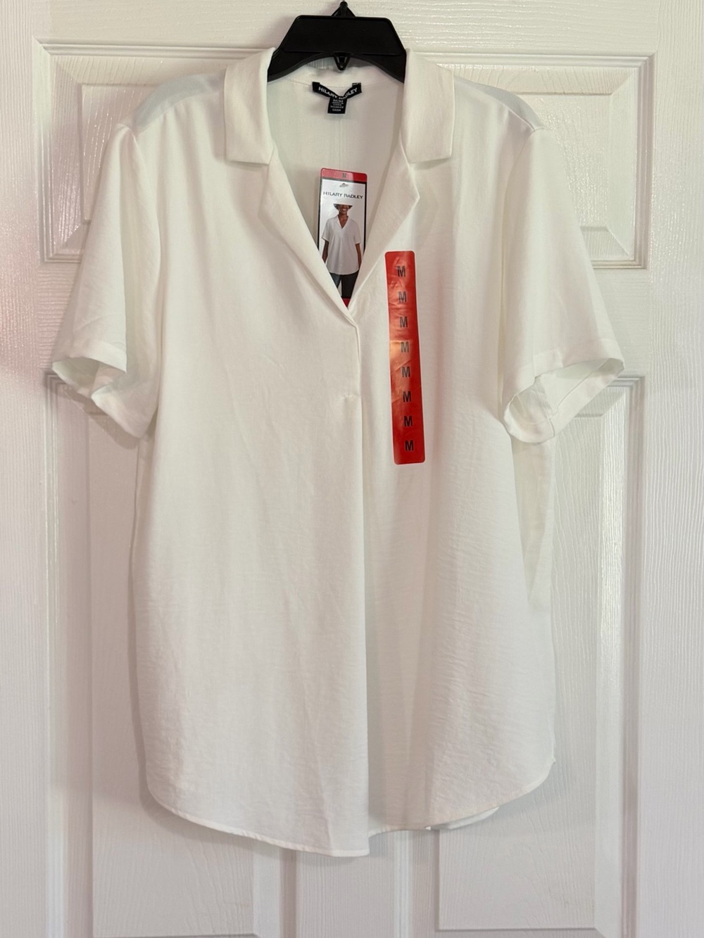 Hilary Radley Blouse Womens MEDIUM Ivory Short Sleeve V-Neck Top NWT